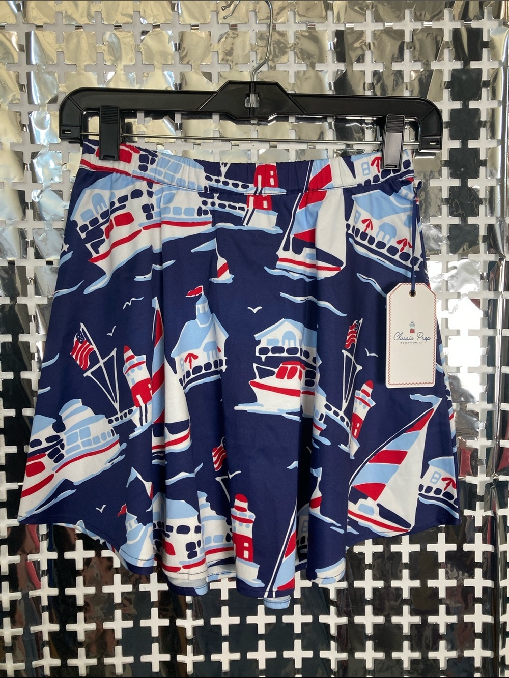 Classic Prep Girl’s Navy Skirt with Red & Light Blue Nautical Boats